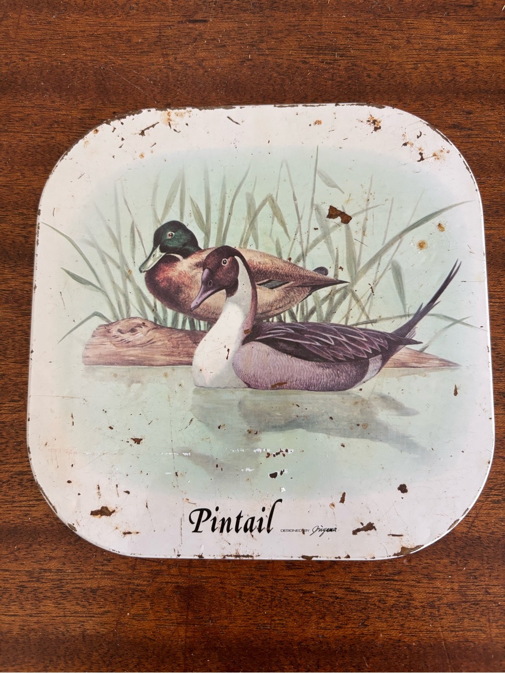 Vintage Metal Hot Plate Trivet Pintail Ducks Signed Chippy Cottagecore Corkback